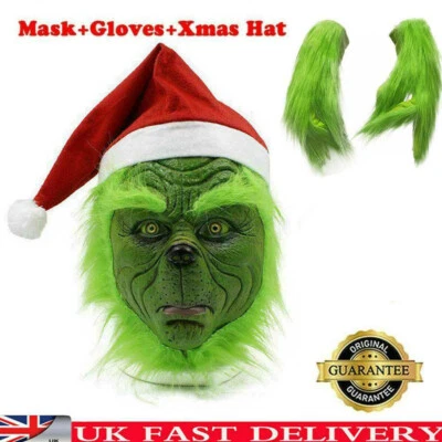 The Grinch Full Head Latex Mask & Gloves Xmas Hat Monster Adult Costume Cosplay - Image 1 of 4