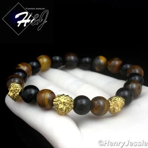 MEN Stainless Steel 10mm Tiger Eye Beads Gold Plated Lion Heads Bracelet*GB108 - Picture 1 of 2