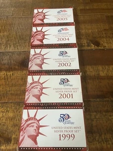 1999, 01, 02, 04, 05 US Mint SILVER Proof Sets, 5 Sets, Gov Packaging-COA’s. - Picture 1 of 3