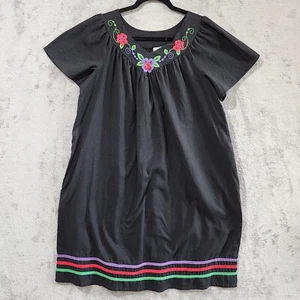 Granada House Dress Black XL Floral Embroidered MuuMuu Peasant Dress Pocket VTG - Picture 1 of 10