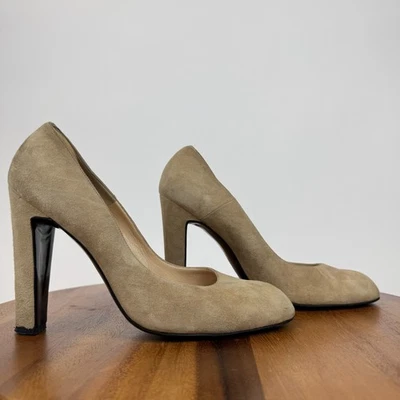 女士 Manolo Blahnik 灰褐色麂皮绒粗跟浅口鞋 40.5 码美国 10.5 码 — 第 1/4 张图片