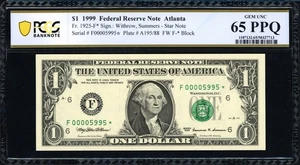 Fr. 1925-F* (F* Block) 1999 $1 Atlanta Star Note PCGS Gem Unc 65 PPQ Low Serial  - Picture 1 of 2