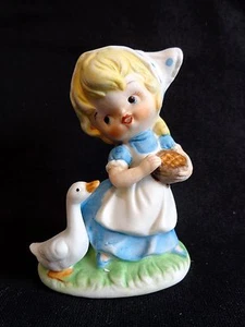HOMECO FIGURINE Girl Feeding Duck Goose Blue Dress 3" Porcelain Vintage  - Picture 1 of 5