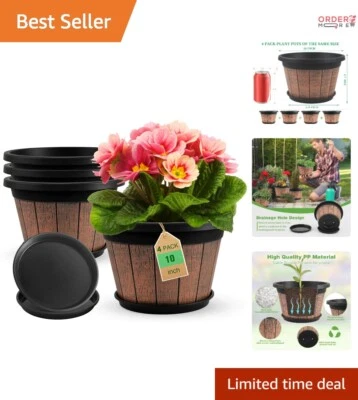 4件装10英寸塑料花盆带排水孔室内室外使用棕色 — 第 1/4 张图片