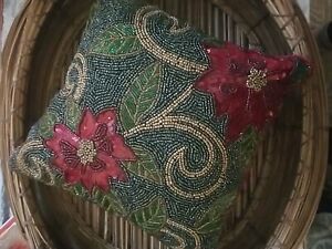 Pier 1 Christmas Poinsettia Square Heavily Beaded Pillow Green Red