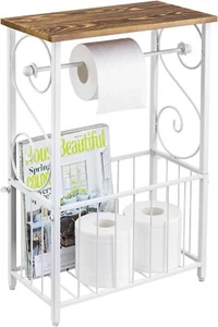 White Metal Bathroom Dual Toilet Paper Holder Stand w/ Shelf & Magazine Basket - Picture 1 of 10