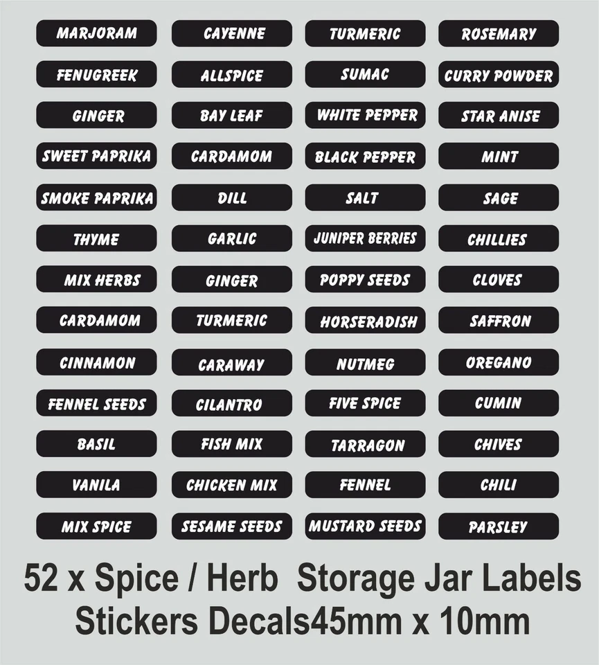 52 x Spice And Herb Jar Labels Stickers Decals - 45mm by 10mm - Image 1 of 1