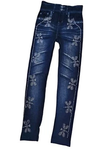 Solid Blue Faux Denim Full Length Rhinestone Dragonflies OSFM - Picture 1 of 5