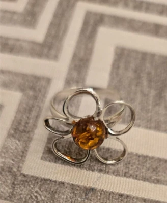 Anillo de diseñador de flores de ámbar báltico de plata de ley 925 maciza Foto 1 de 2