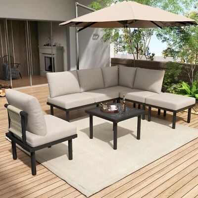 Garten-Loungesessel-Set mit verzinktem Eisenrahmen Gartenmöbel-Set 5-tlgs Beige - Bild 1 von 4