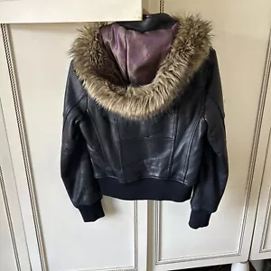 Nicole Miller Vintage Lamb Leather Bomber Hoodie Jacket S - Picture 1 of 15