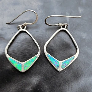 SC Sterling Silver Opal Hoop Earrings Geometric Dangle Blue+Green Inlay Drop - Picture 1 of 4