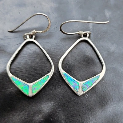 SC Sterling Silver Opal Hoop Earrings Geometric Dangle Blue+Green Inlay Drop - Image 1 of 4