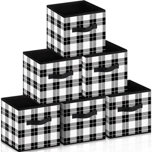 6 Pcs Buffalo Plaid Storage Bins Christmas 10'' Foldable Fabric Cube - Picture 1 of 7