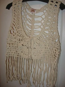 Roomates,Ivory Crochet Sleeveless Open Weave Vest,Long Fringe hem,100% Cotton,XL - Picture 1 of 7