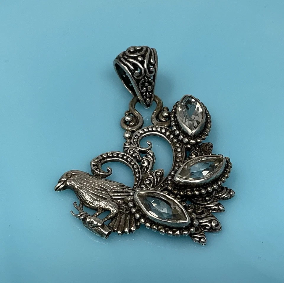 "Colgante de piedras preciosas de pájaro pavo real topacio blanco de plata de ley Bali Sarda de 2"" 11 g" Foto 1 de 4