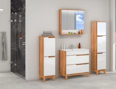 Badmöbel Set mit Waschbecken Keramik DIANA EICHE WEISS hochglanz 80 cm - Bild 1 von 4