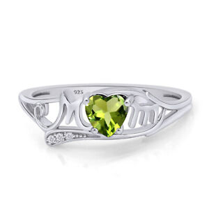 Mom Heart Ring Simulated Peridot in 14K White Gold Plated Sterling Silver