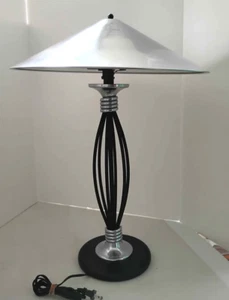 Art Deco Lamp with Metal Silver Shade & Black Wrought Iron Base Vintage 25" Tall - Picture 1 of 11