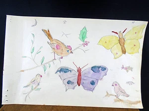 Hermosa pintura de acuarela mariposas y pájaros original de la década de 1940 - Imagen 1 de 3