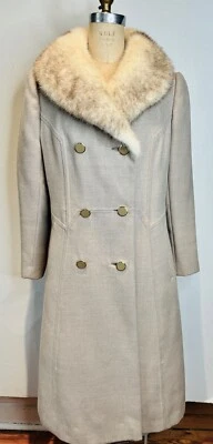 EUC!!VTG 60'S HARRIS FURS MOD GRAY WOOL&BEIGE MINK FUR COLLAR DOUBLE LONG COAT*S - Image 1 of 4