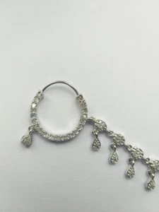 Silver Plated Pierced Nose Ring With Chain Nose Jewelry Crystal Hoop Wedding - Picture 1 of 7
