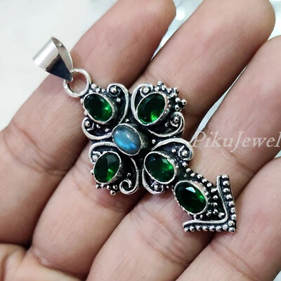 Multi Cut Diopside & Labradorite Gemstone 925 Sterling Silver Cross Pendant - Image 1 of 4