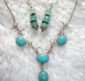 Stone Necklace Plus Earrings Set Aqua Blue Chalcedony Unique Tribal Look New - Picture 1 of 5