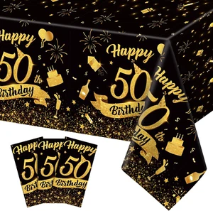 3 Pack 50Th Birthday Tablecloth, Plastic Black Gold Table Cloths 50Th Birthday T - Picture 1 of 12