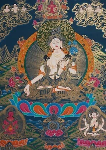 MASTERPIECE! Hand Painted Thangka White TARA Nepal 69x54 cm 24K Gold - Picture 1 of 5
