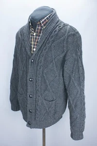 Cárdigan chal tejido con cable Aran Crafts Ireland para hombre XL suéter gris lana merino - Imagen 1 de 23