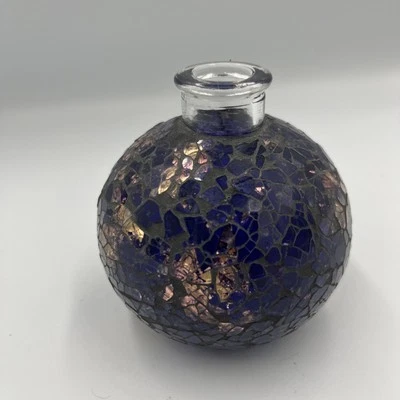 Cobalt Blue Glass Mosaic Clay Decorative Diffuser Bud Vase Home Decor Gold Leaf - Image 1 of 4