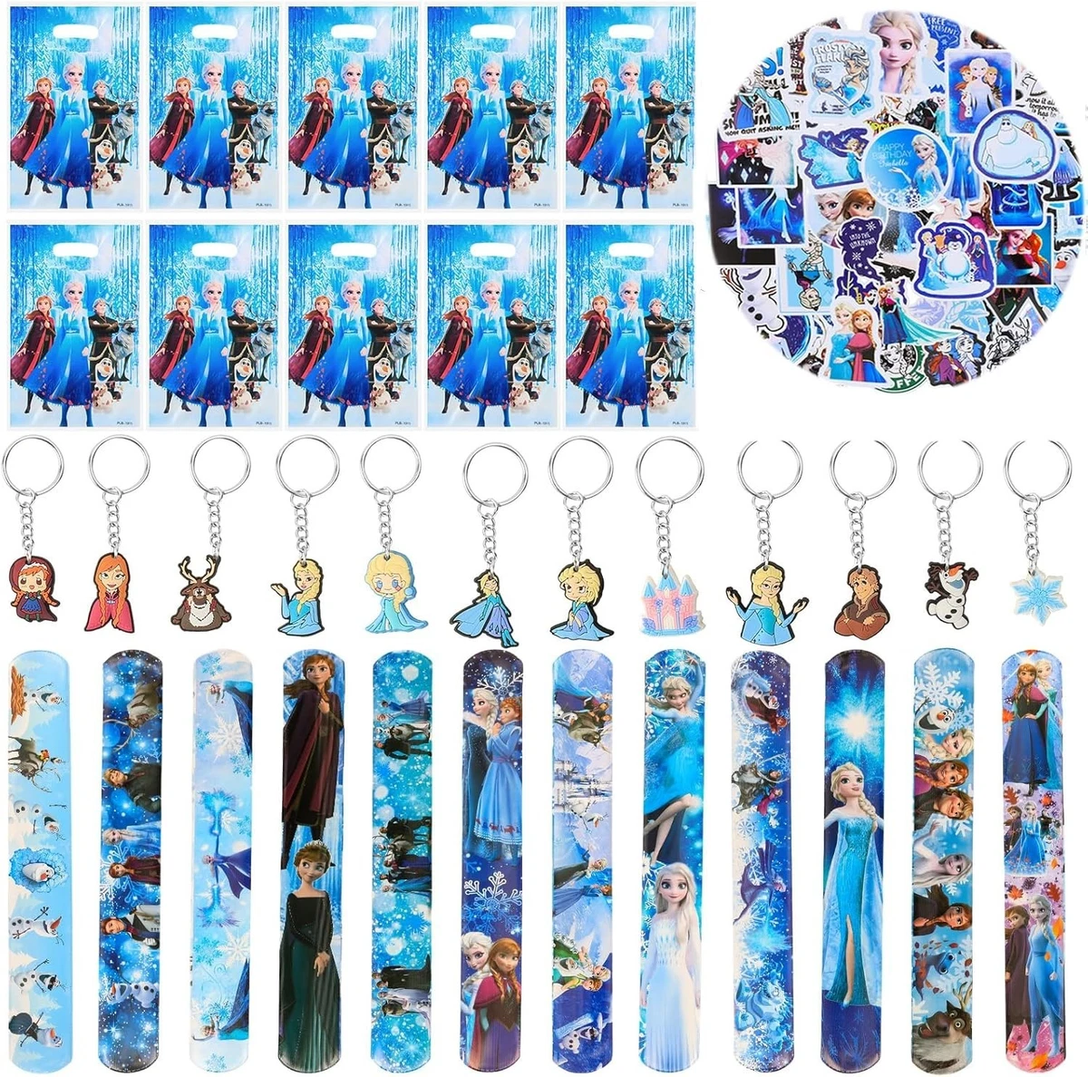 Frozen Party Favors Bundle - 12-Pack Goodie Bags With Stickers, Rings, Squishies & More