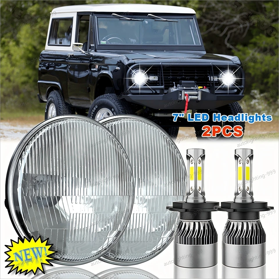 Par de faros LED redondos de 7 pulgadas H4 haz alto/bajo aptos para Ford Bronco Courier Mustang Foto 1 de 4