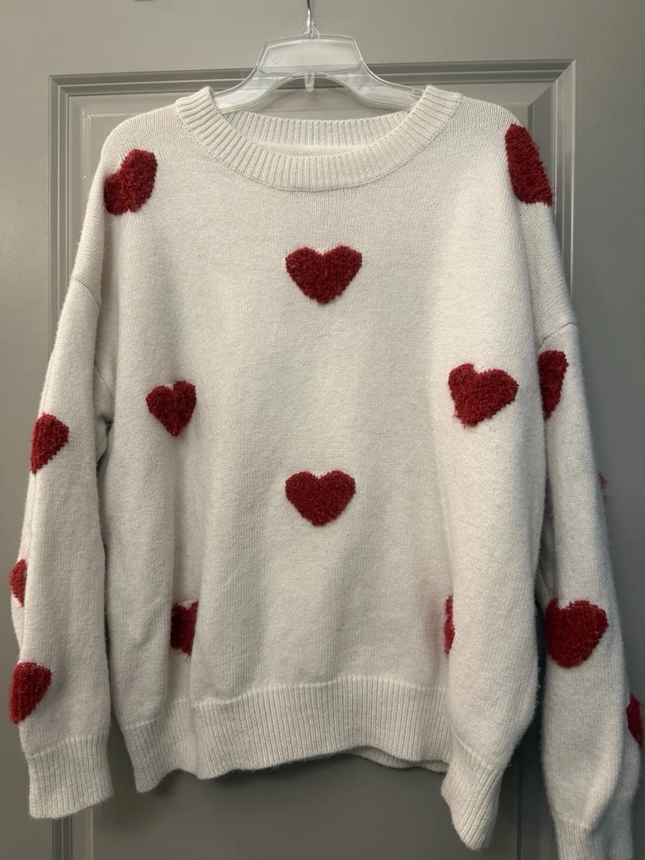 White Heart Sweater Valentines Day 2026 Love Women’s Large - Image 1 of 1