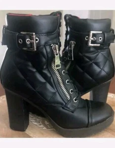 GUESS Black Quilted Platform Combat Chunky Heel Boots Women's Size 8 - Picture 1 of 12