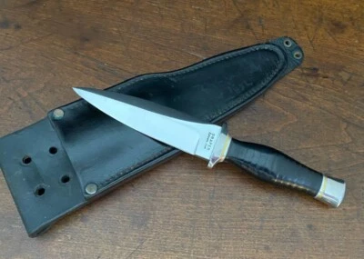 VINTAGE H. E. HARVEY DRAPER HANDMADE BOOT FIGHTING KNIFE STACKED LEATHER SHEATH - Image 1 of 4