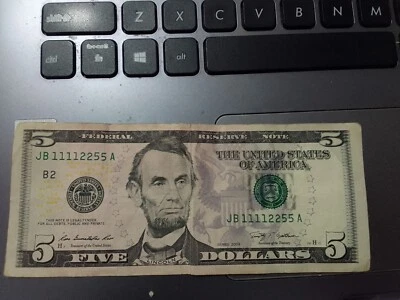 2009 5 Dollar Bill 4 Pairs Also SOLID QUAD Serial Number JB 11112255 A - Image 1 of 4