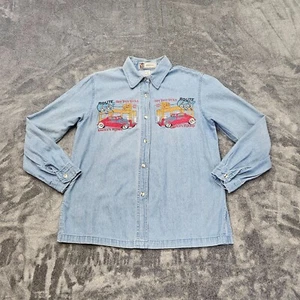 Vintage Get Your Kicks On Route 66 Long Sleeve Denim Shirt womens medium Cars - Picture 1 of 14