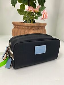 Coach  Cosmetic Bag Hampton  Black Nylon Blue Leather Travel Zip M7