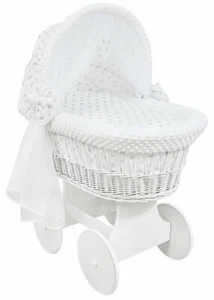 RUOTE IN VIMINI BIANCO CULLA/CESTO IN MUSCHIO BAMBINO + BIANCHERIA DA LETTO Grigio stelle su bianco/fossetta - Foto 1 di 1