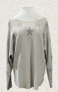 "Liv Milano" Gray Ribbed Knit Sweater Dolman Sleeve Embellished Stars Size M - Picture 1 of 8