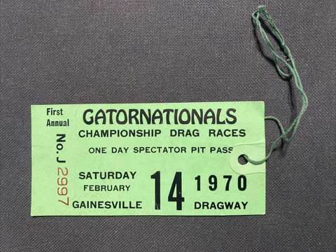 1970 First Annual NHRA GATORNATIONALS Drag Race Pit Pass Ticket Gainesville Cover