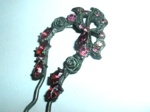 VICTORIAN PINK and RED ROSE RHINESTONE 4" HAIR STICK HAIR PIN - Picture 1 of 3