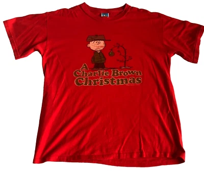 VTG Peanuts A Charlie Brown Christmas T-Shirt Sz L Red Short Sleeve Tree - Image 1 of 4