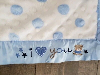 Manta bebé recién nacido oso azul Minky punto protuberancias satinado ribete seguridad Lovey Foto 1 de 4