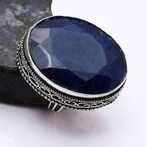 Simulated Sapphire Handmade Antique Design Ring Jewelry US Size-6.5 AR 91725