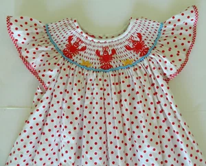 Claire & Charlie Girls Smocked Embroidered Lobster Polka Dot Dress sz 5 MINT - Picture 1 of 7