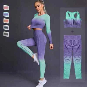 Women Yoga Set Workout Sportswear Gym Clothing Fitness Long Sleeve Crop Top New - Picture 1 of 39