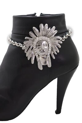 Women Silver Chain Boot Western Bracelet Shoe American Indian Head Charm Anklet - Imagem 1 de 4